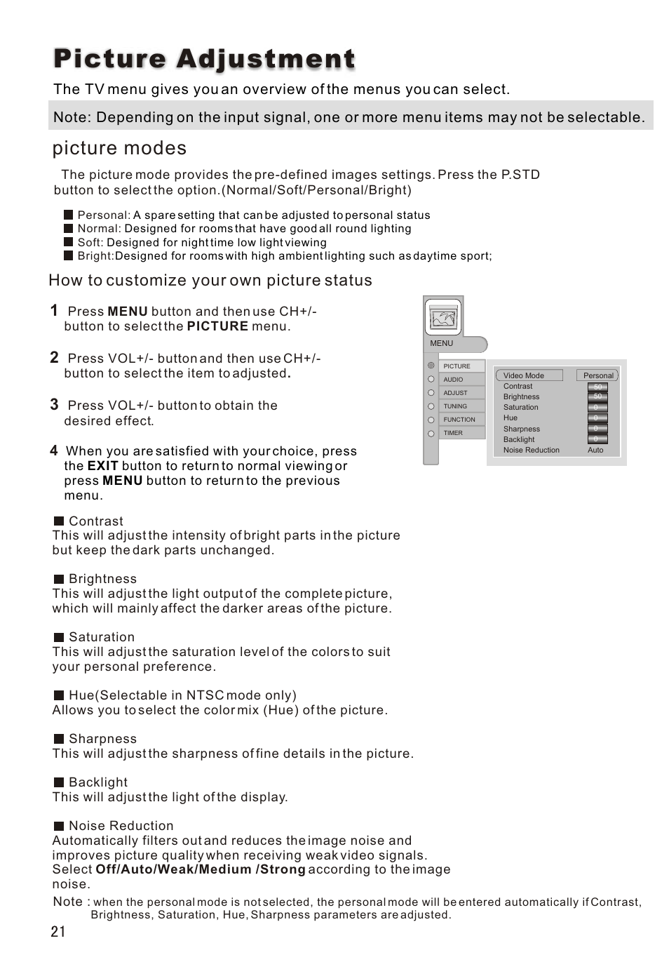 Т³гж 22, Picture adjustment, Picture modes | How to customize your own picture status | haier L32A18-A User Manual | Page 22 / 44
