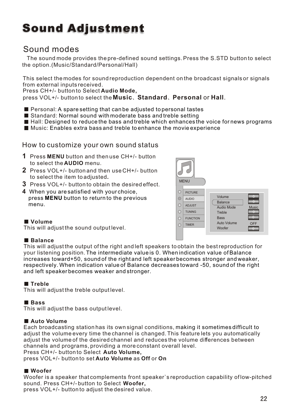 Т³гж 23, Sound adjustment, Sound modes | How to customize your own sound status | haier L32A18-A User Manual | Page 23 / 44