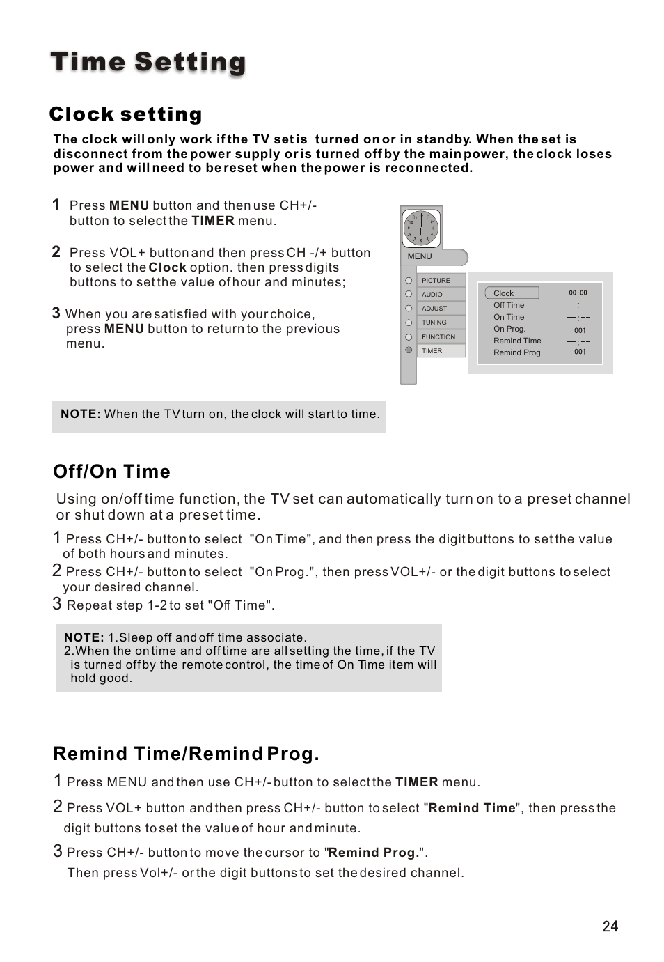 Т³гж 25, Time setting, Clock setting | Off/on time, Remind time/remind prog | haier L32A18-A User Manual | Page 25 / 44