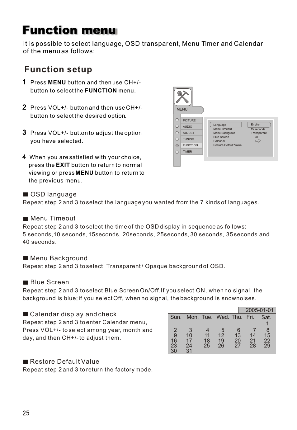 Т³гж 26, Function menu, Function setup | haier L32A18-A User Manual | Page 26 / 44