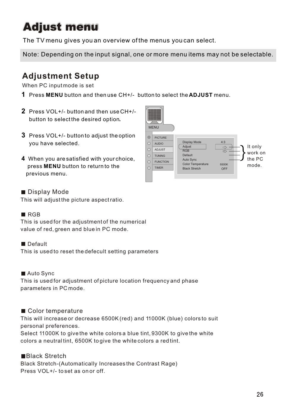 Т³гж 27, Adjust menu, Adjustment setup | Display mode, Color temperature, Black stretch | haier L32A18-A User Manual | Page 27 / 44