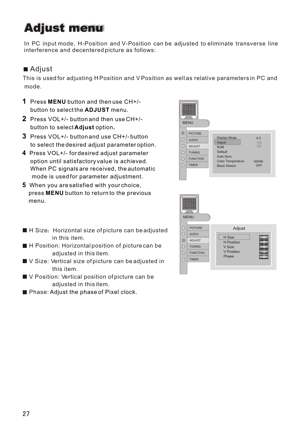 Т³гж 28, Adjust menu, Adjust | haier L32A18-A User Manual | Page 28 / 44