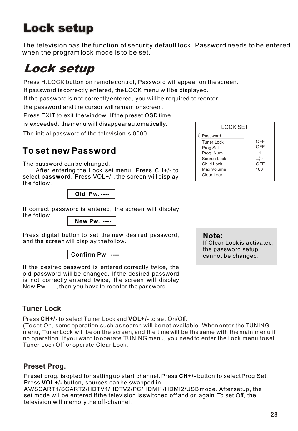 Т³гж 29, Lock setup, Tuner lock | Preset prog | haier L32A18-A User Manual | Page 29 / 44