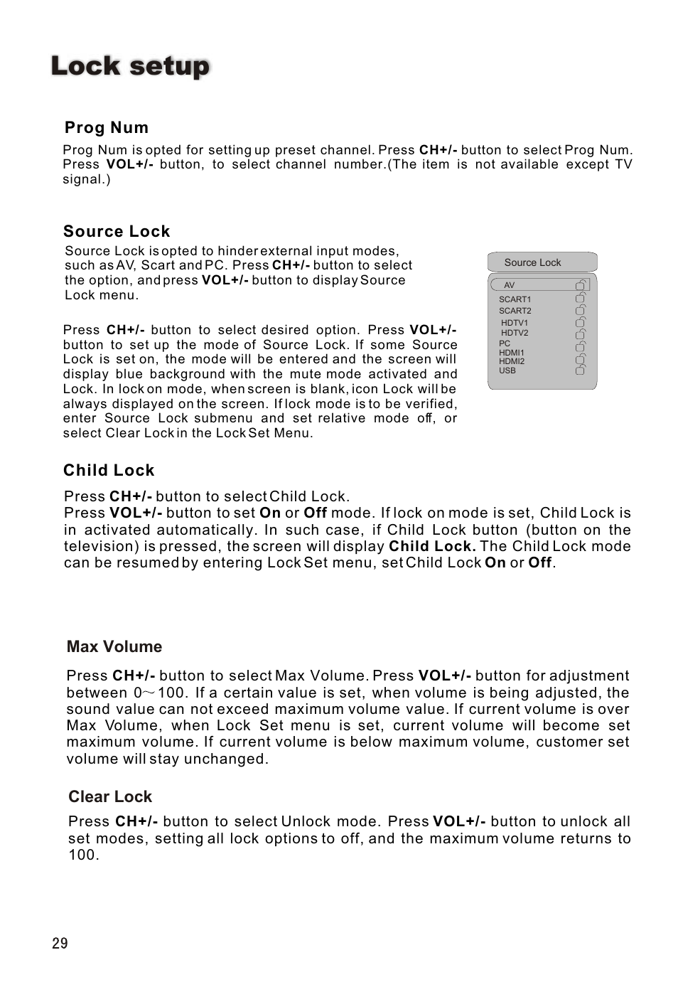 Т³гж 30, Lock setup, Prog num | Source lock, Max volume, Clear lock, Child lock | haier L32A18-A User Manual | Page 30 / 44