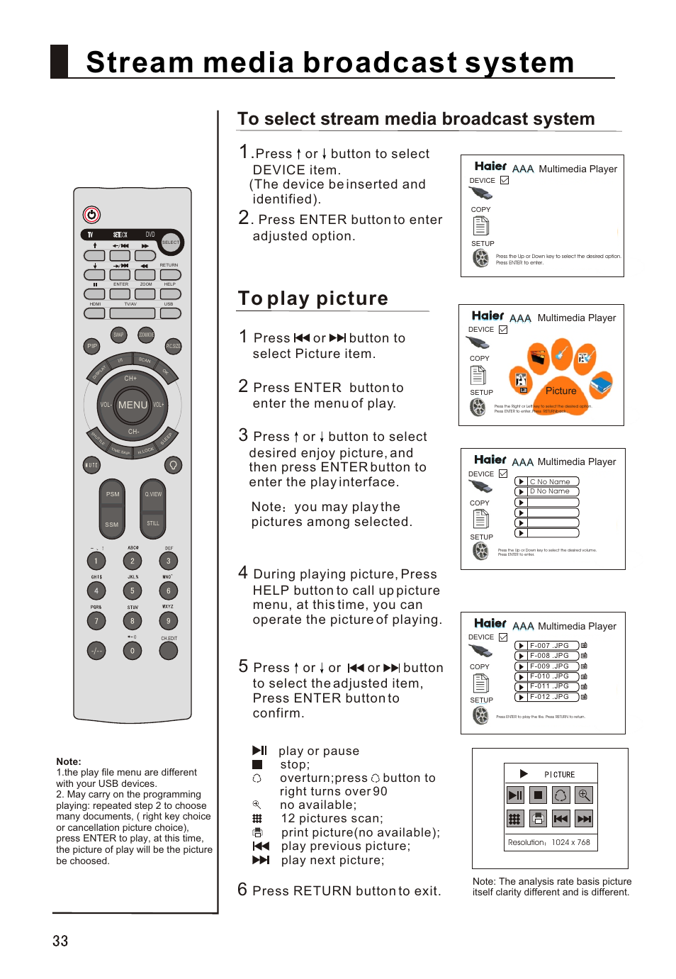 Т³гж 34, Stream media broadcast system, Press or button to select picture item | Press enter button to enter the menu of play, Press enter button to enter adjusted option, Press return button to exit | haier L32A18-A User Manual | Page 34 / 44