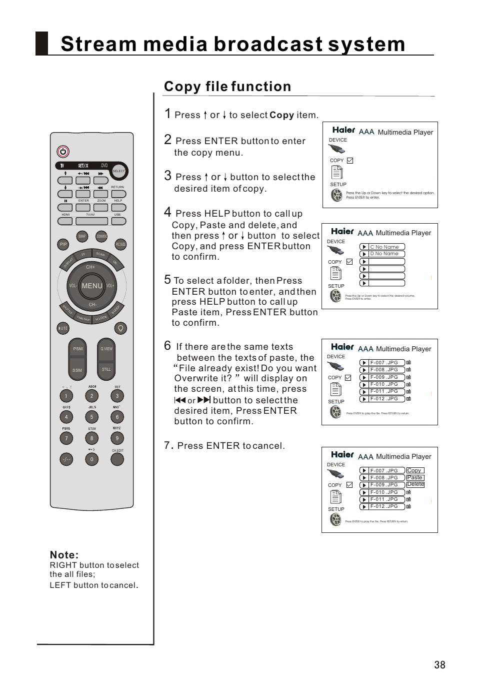 Т³гж 39, Stream media broadcast system, Copy file function | Press, Press enter button to enter the copy menu, Button to select the desired item of copy, Press enter to cancel | haier L32A18-A User Manual | Page 39 / 44