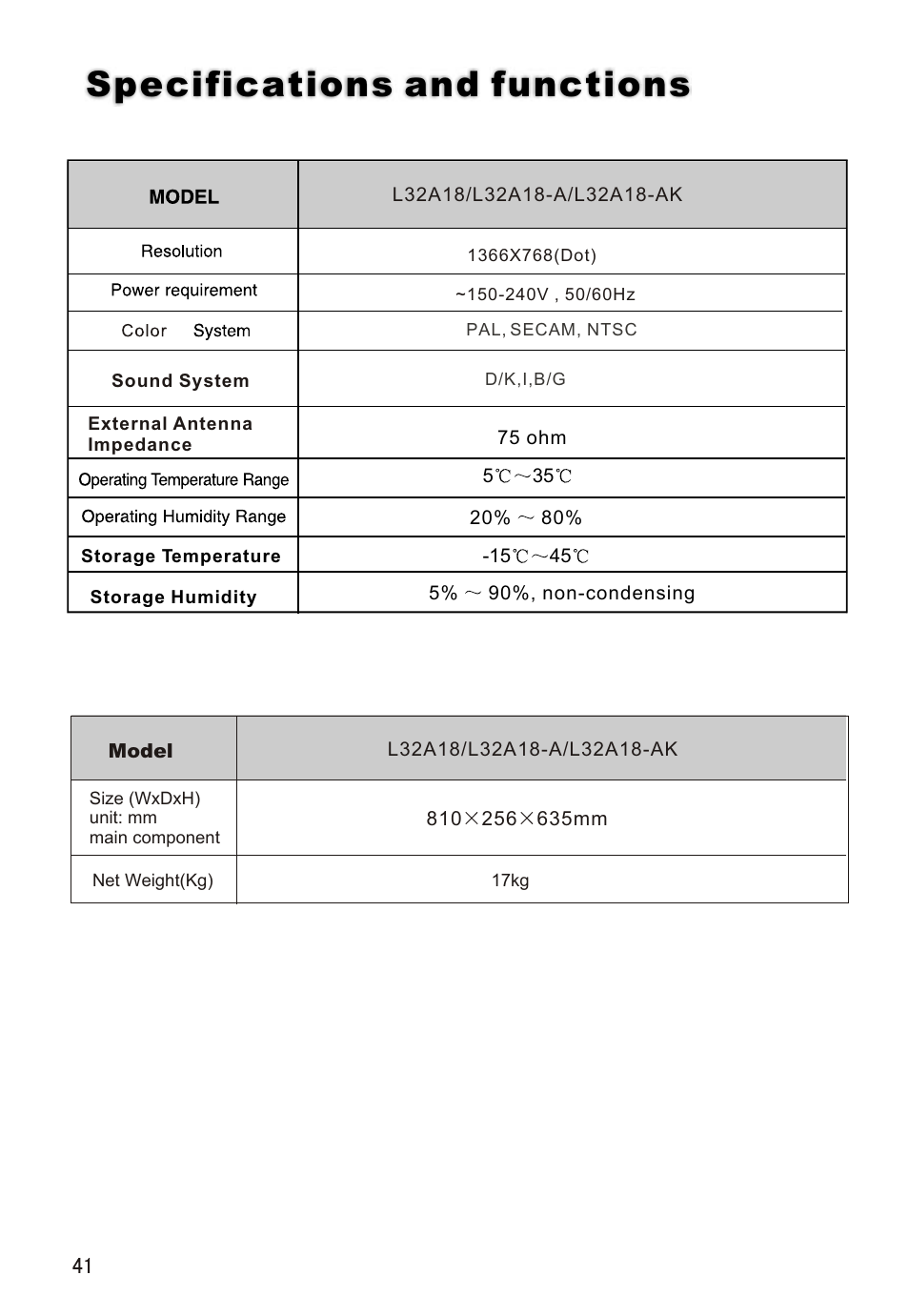 Т³гж 42, Specifications and functions | haier L32A18-A User Manual | Page 42 / 44