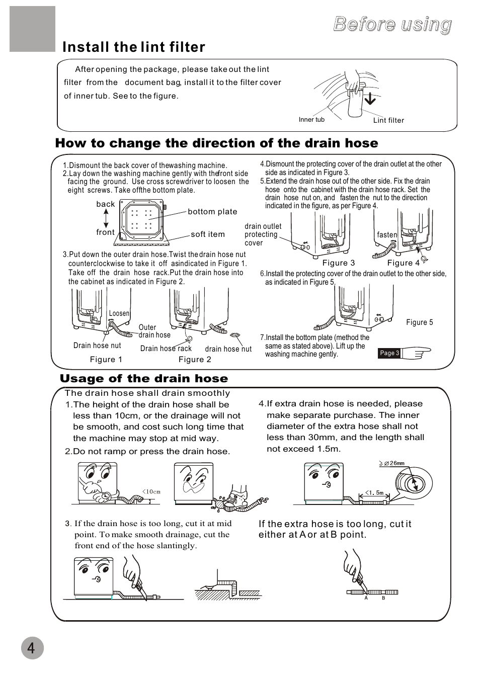 Before using, Install the lint filter, How to change the direction of the drain hose | Usage of the drain hose | haier HWM70-A User Manual | Page 6 / 20