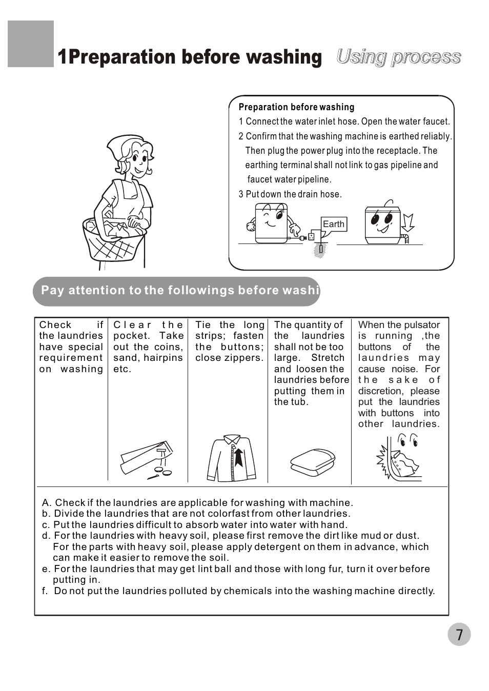 1preparation before washing, Using process | haier HWM70-A User Manual | Page 9 / 20