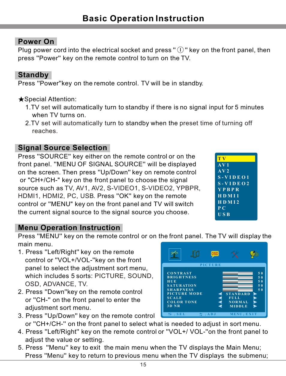 Т³гж 16, Basic operation instruction, Power on | Standby, Signal source selection, Menu operation instruction | haier 32T51 User Manual | Page 16 / 23