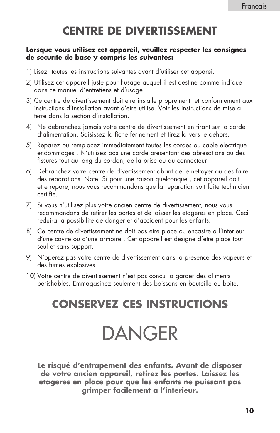 Danger, Centre de divertissement, Conservez ces instructions | haier HBCN02EBB User Manual | Page 11 / 32