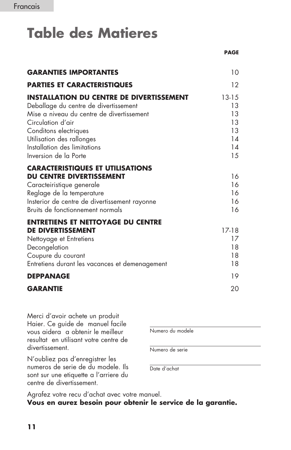 Table des matieres | haier HBCN02EBB User Manual | Page 12 / 32