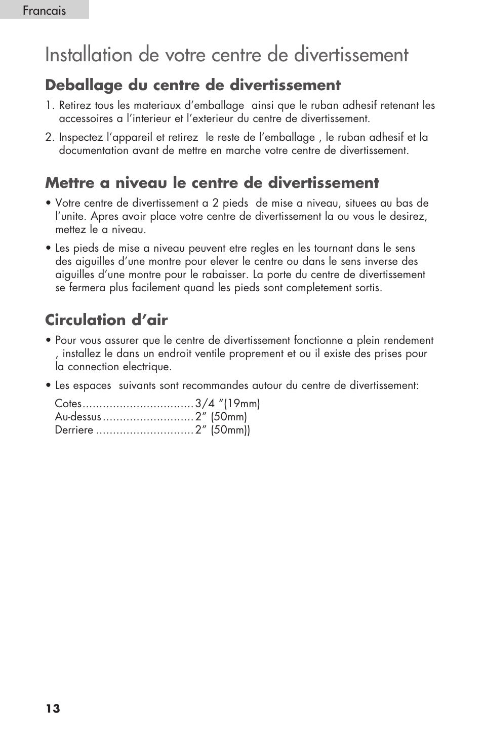 Installation de votre centre de divertissement, Deballage du centre de divertissement, Mettre a niveau le centre de divertissement | Circulation d’air | haier HBCN02EBB User Manual | Page 14 / 32
