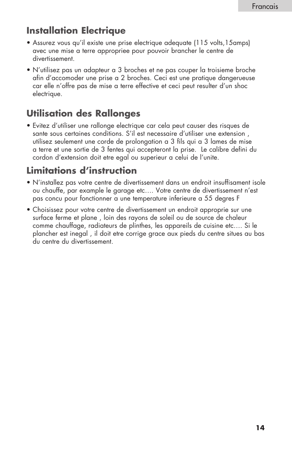 Installation electrique, Utilisation des rallonges, Limitations d’instruction | haier HBCN02EBB User Manual | Page 15 / 32
