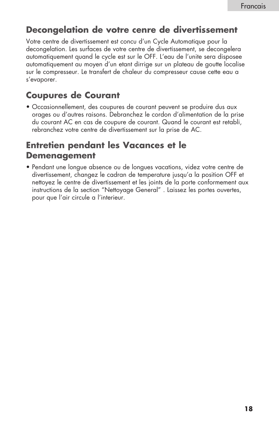 Decongelation de votre cenre de divertissement, Coupures de courant, Entretien pendant les vacances et le demenagement | haier HBCN02EBB User Manual | Page 19 / 32