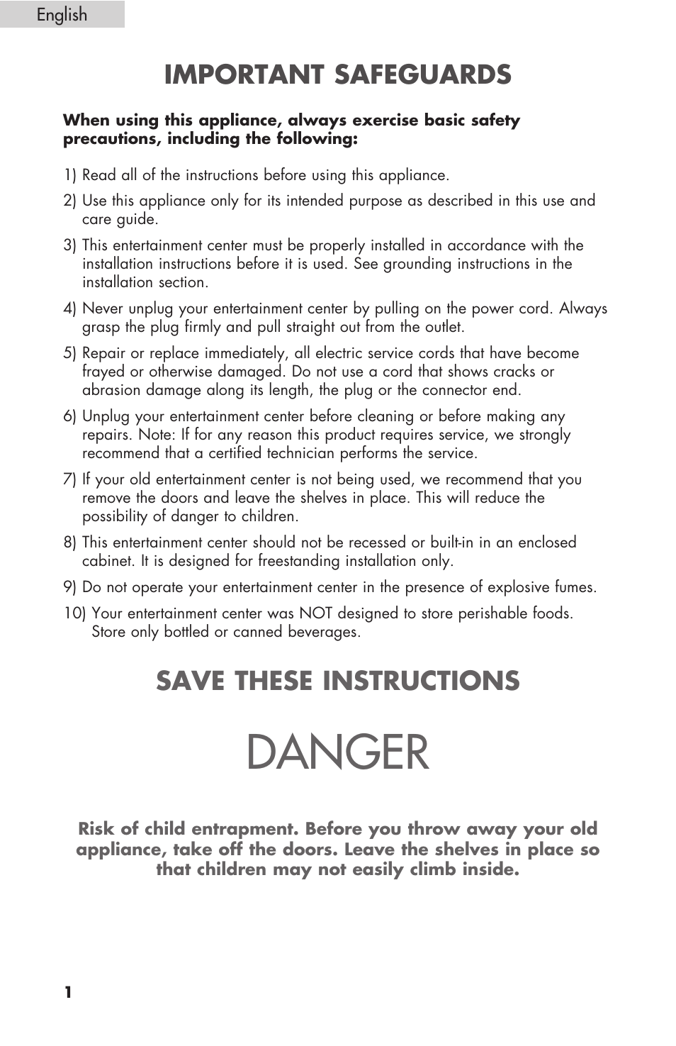Danger, Important safeguards, Save these instructions | haier HBCN02EBB User Manual | Page 2 / 32