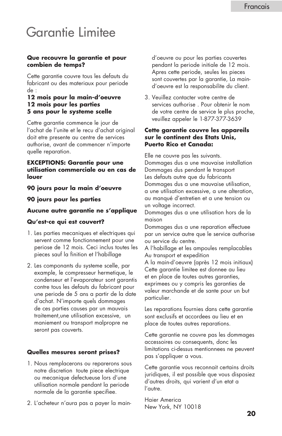 Garantie limitee, Francais | haier HBCN02EBB User Manual | Page 21 / 32