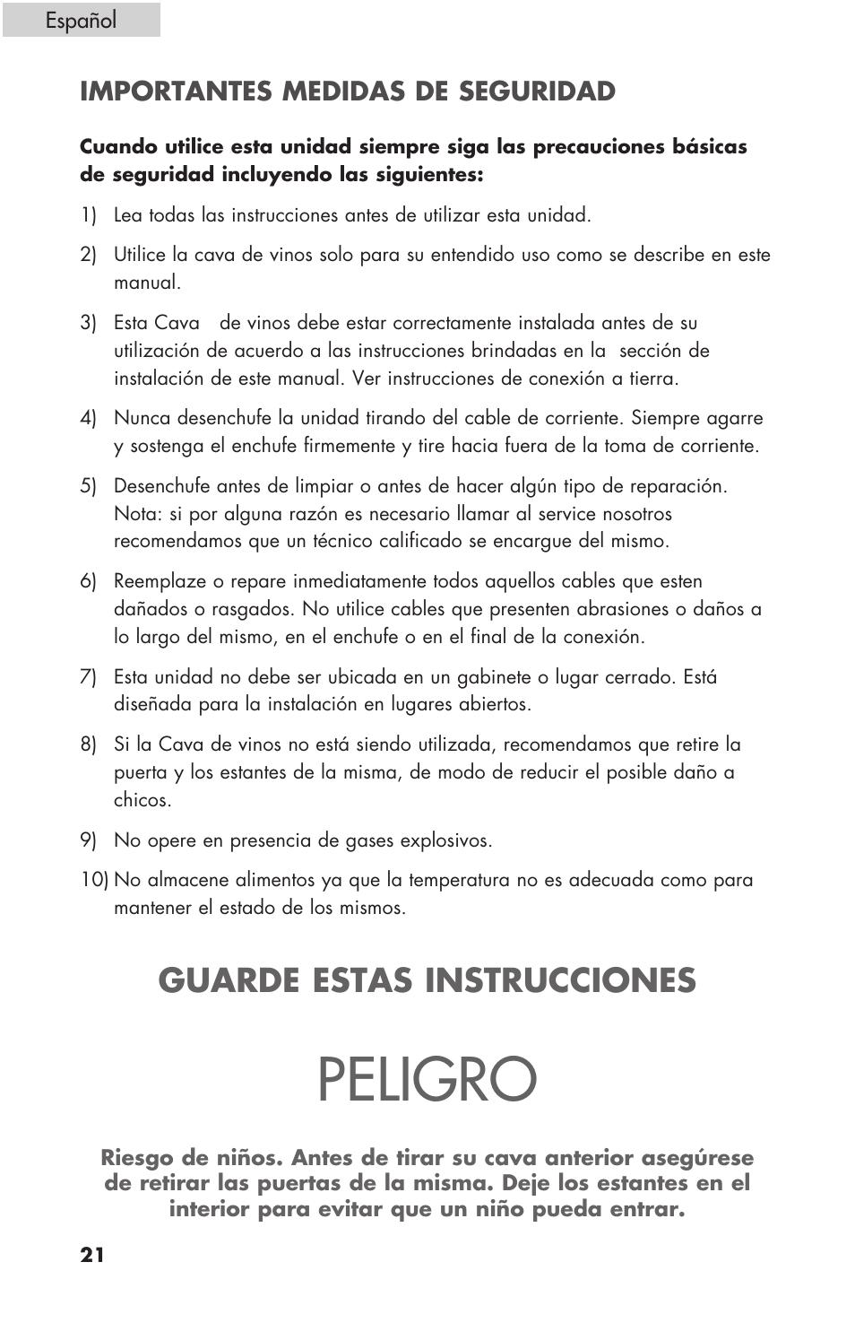Peligro, Guarde estas instrucciones, Importantes medidas de seguridad | haier HBCN02EBB User Manual | Page 22 / 32