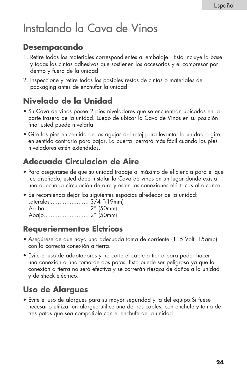 Instalando la cava de vinos, Desempacando, Nivelado de la unidad | Adecuada circulacion de aire, Requeriermentos elctricos, Uso de alargues | haier HBCN02EBB User Manual | Page 25 / 32