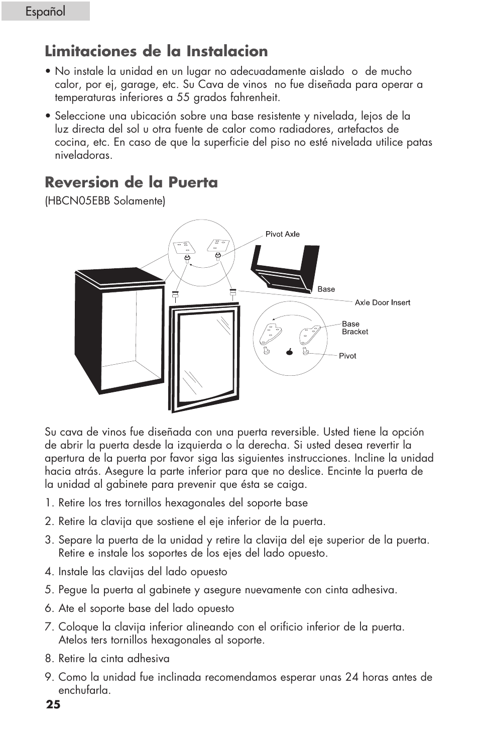 Limitaciones de la instalacion, Reversion de la puerta | haier HBCN02EBB User Manual | Page 26 / 32