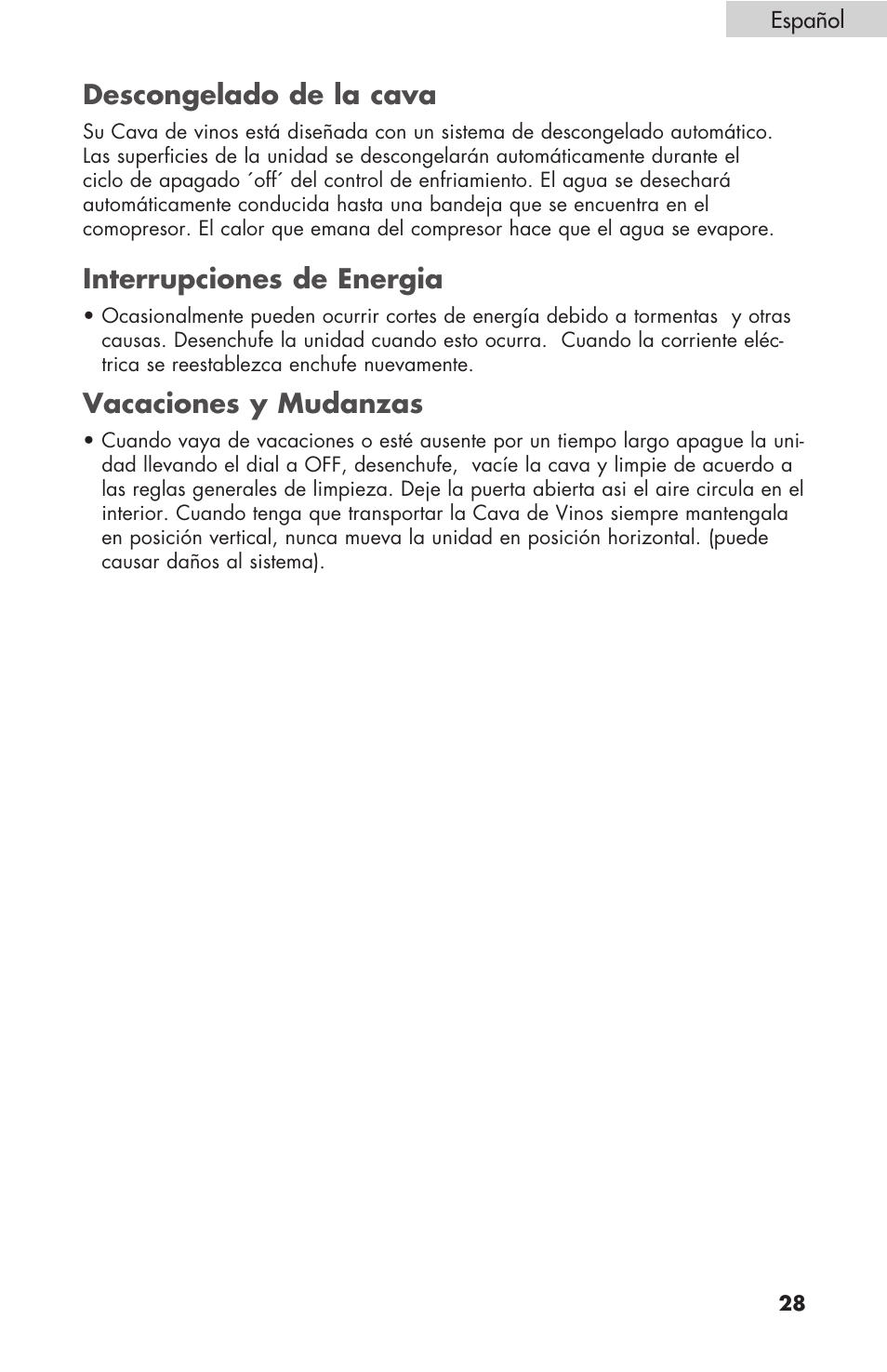 Descongelado de la cava, Interrupciones de energia, Vacaciones y mudanzas | haier HBCN02EBB User Manual | Page 29 / 32