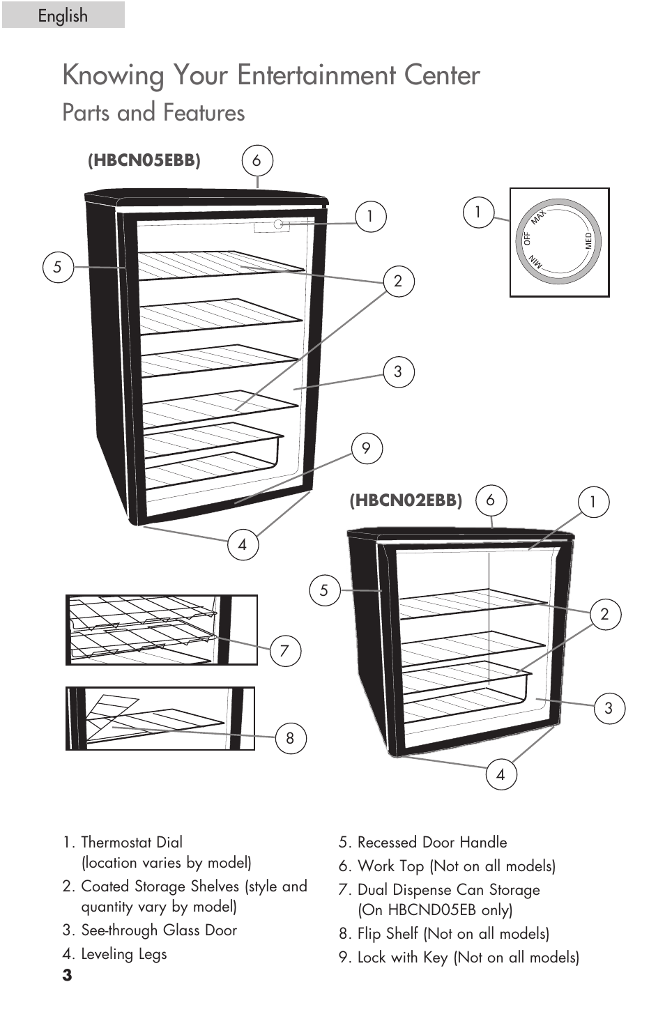 Knowing your entertainment center, Parts and features | haier HBCN02EBB User Manual | Page 4 / 32