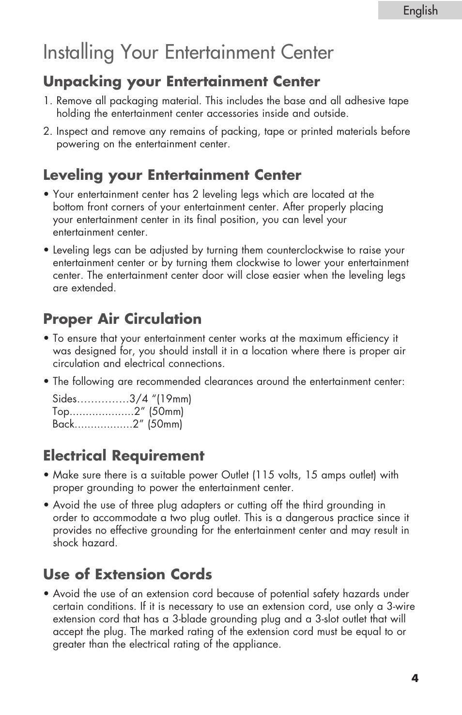 Installing your entertainment center, Unpacking your entertainment center, Leveling your entertainment center | Proper air circulation, Electrical requirement, Use of extension cords | haier HBCN02EBB User Manual | Page 5 / 32