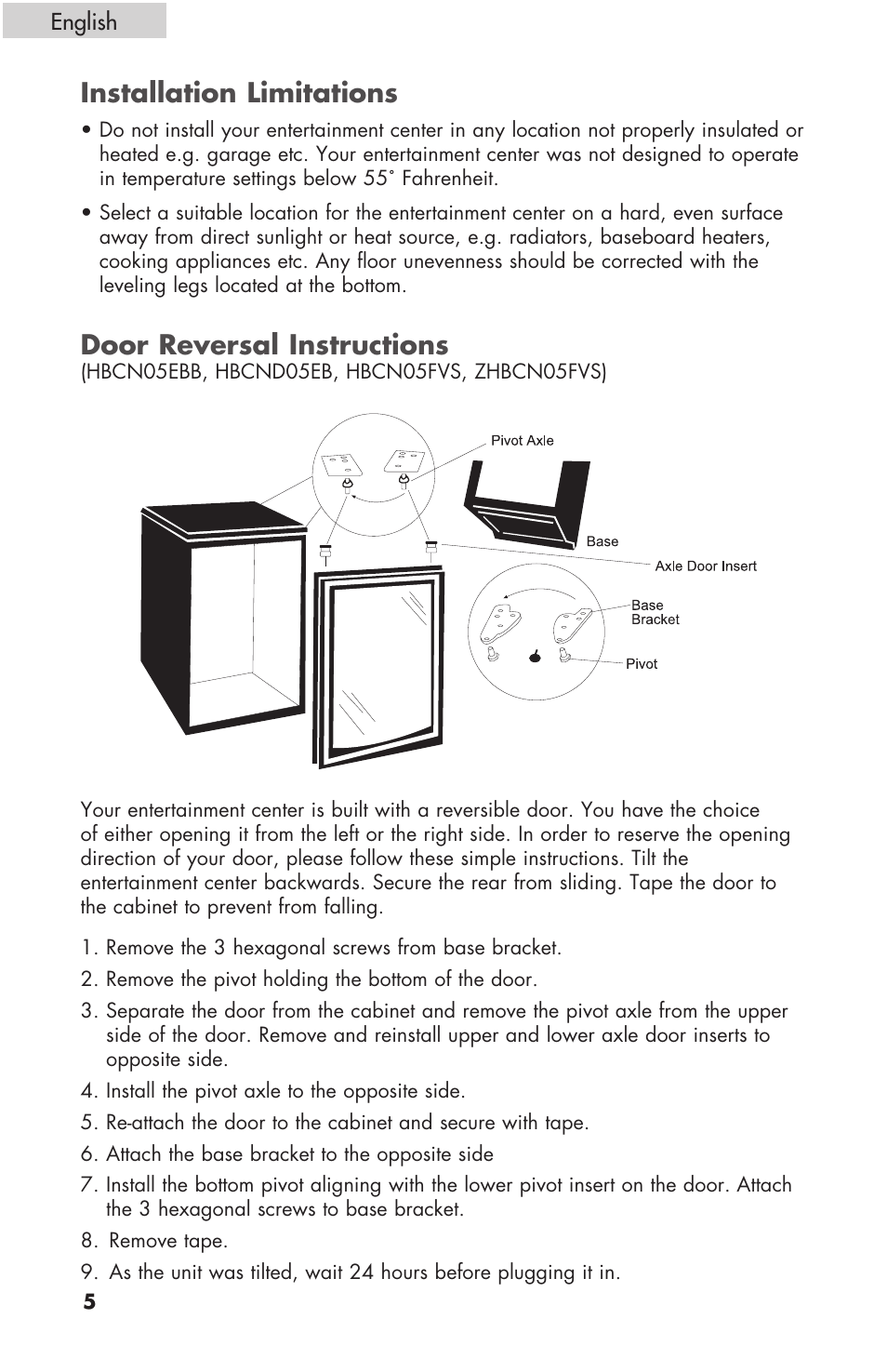 Installation limitations, Door reversal instructions | haier HBCN02EBB User Manual | Page 6 / 32