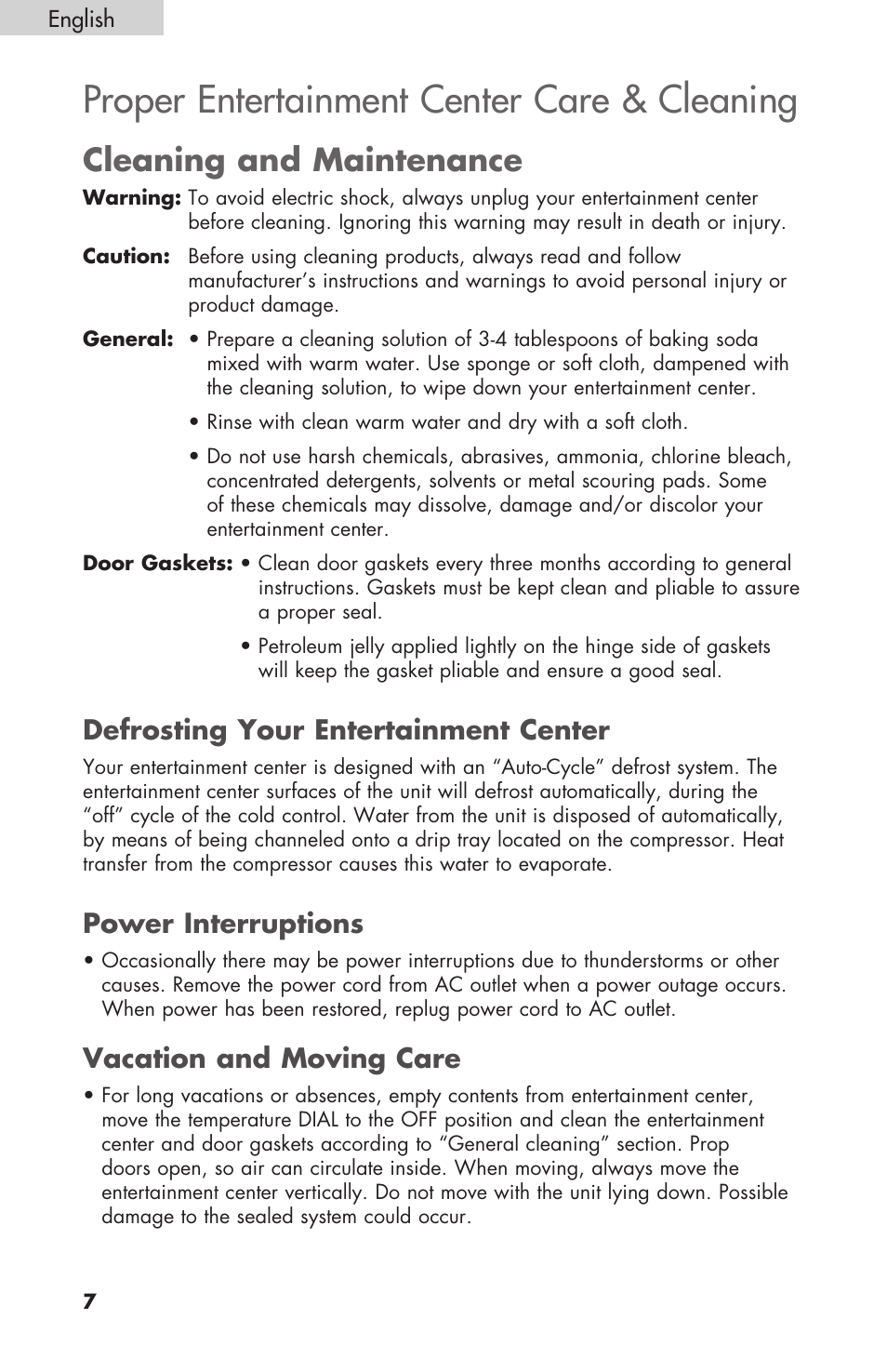 Proper entertainment center care & cleaning, Cleaning and maintenance, Defrosting your entertainment center | Power interruptions, Vacation and moving care | haier HBCN02EBB User Manual | Page 8 / 32