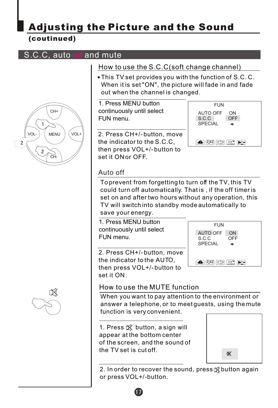 Т³гж 18, Adjusting the picture and the sound, S.c.c, auto and mute off | haier 29FA10-AM User Manual | Page 18 / 32