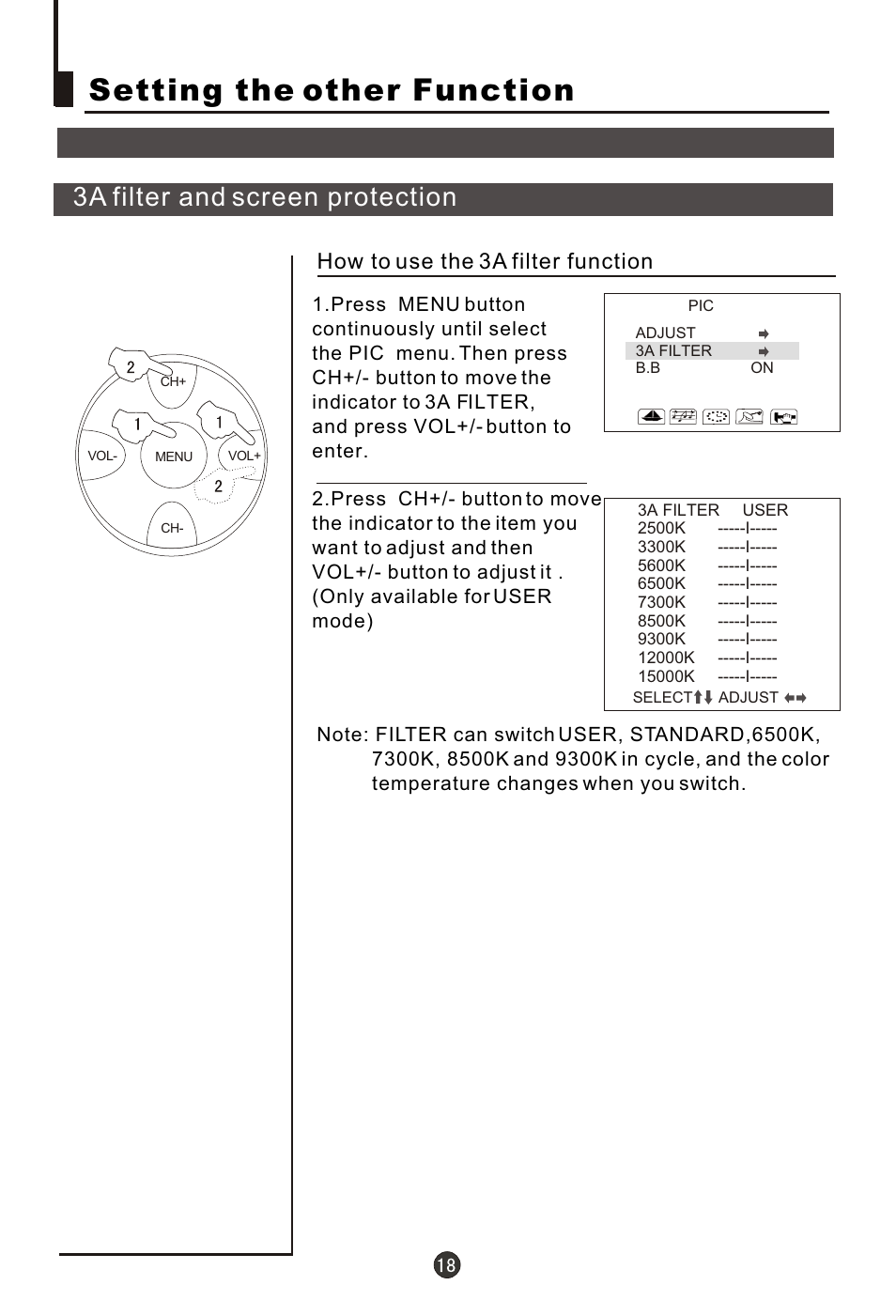 Т³гж 19, Setting the other function, 3a filter and screen protection | haier 29FA10-AM User Manual | Page 19 / 32