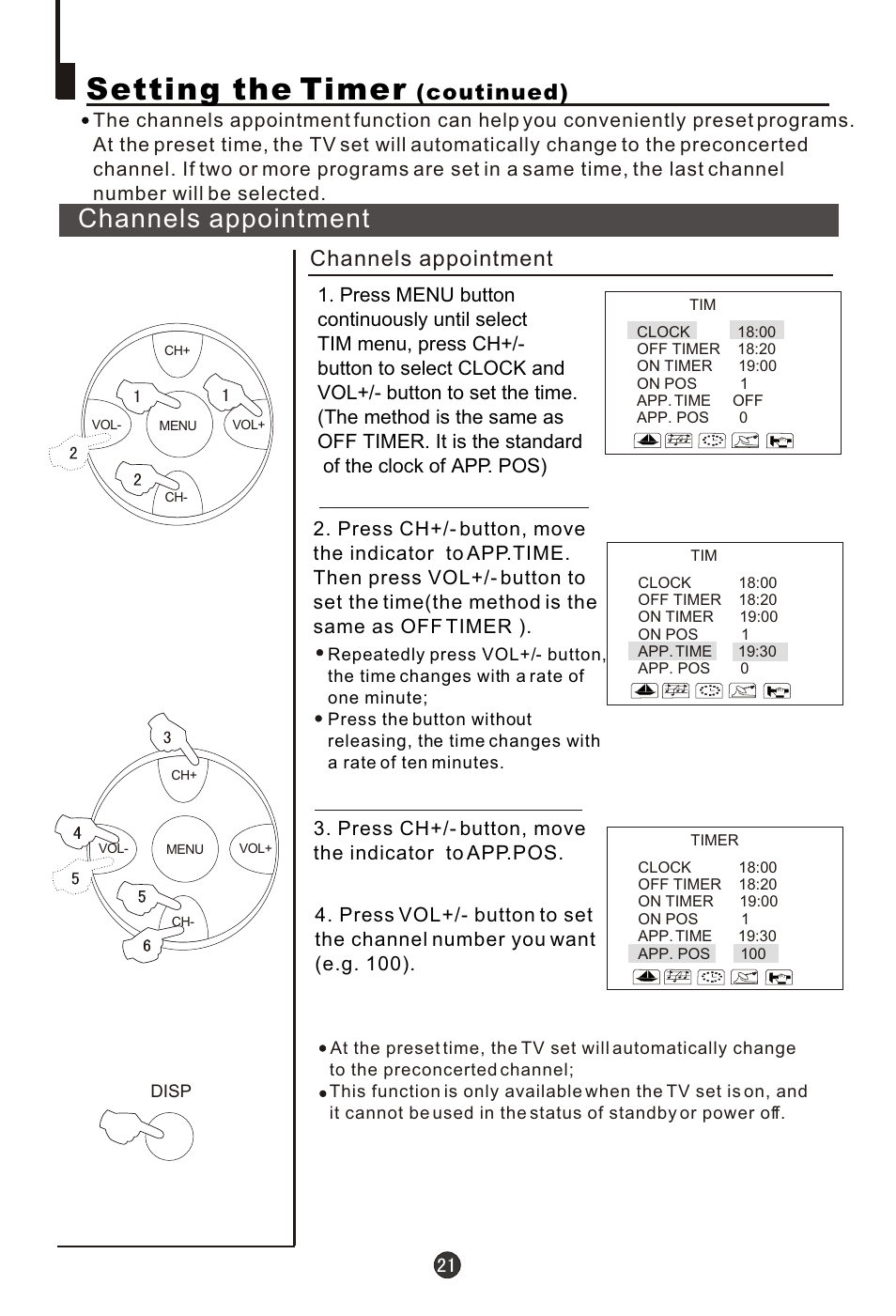 Т³гж 22, Setting the timer, Channels appointment | Coutinued) | haier 29FA10-AM User Manual | Page 22 / 32