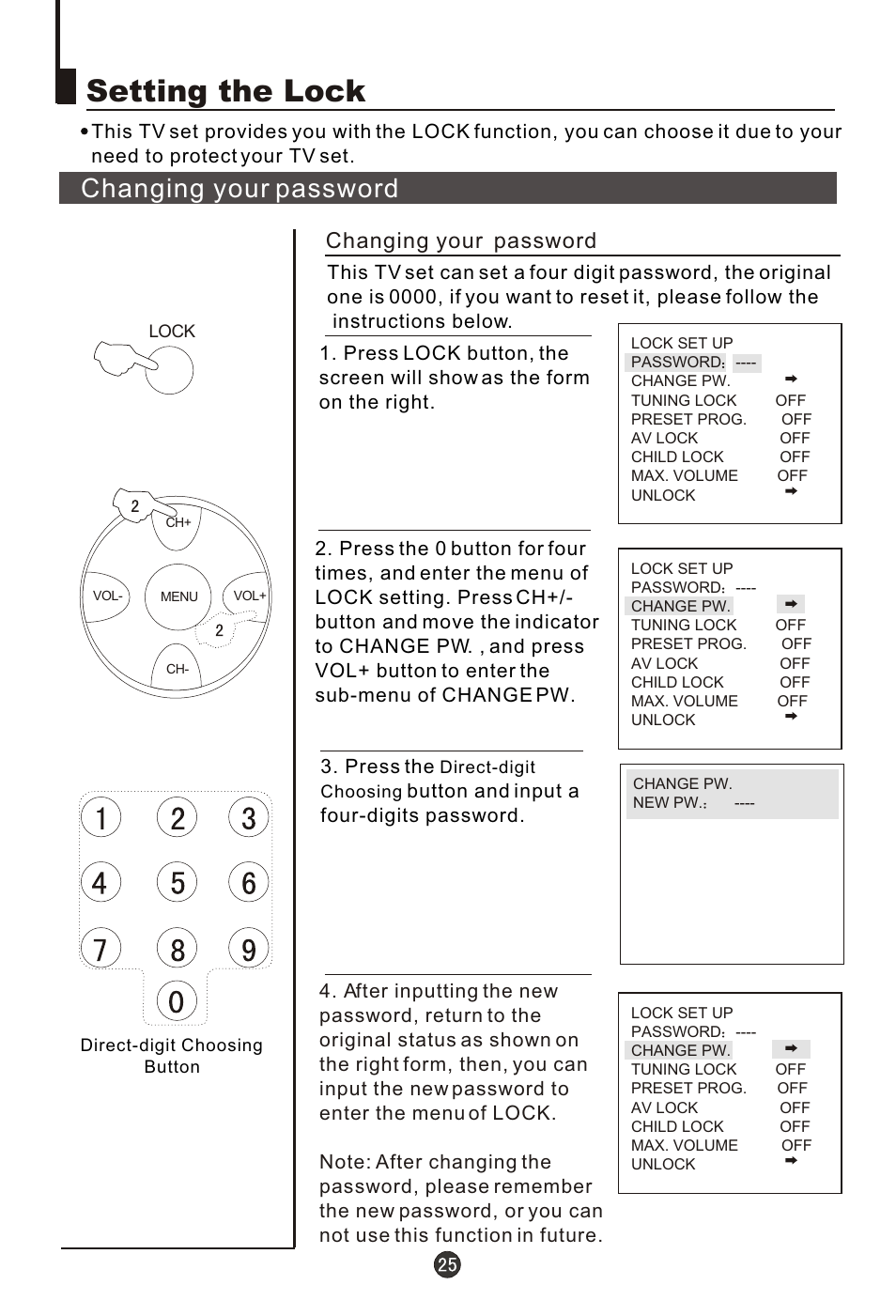 Т³гж 26, Setting the lock, Changing your password | haier 29FA10-AM User Manual | Page 26 / 32