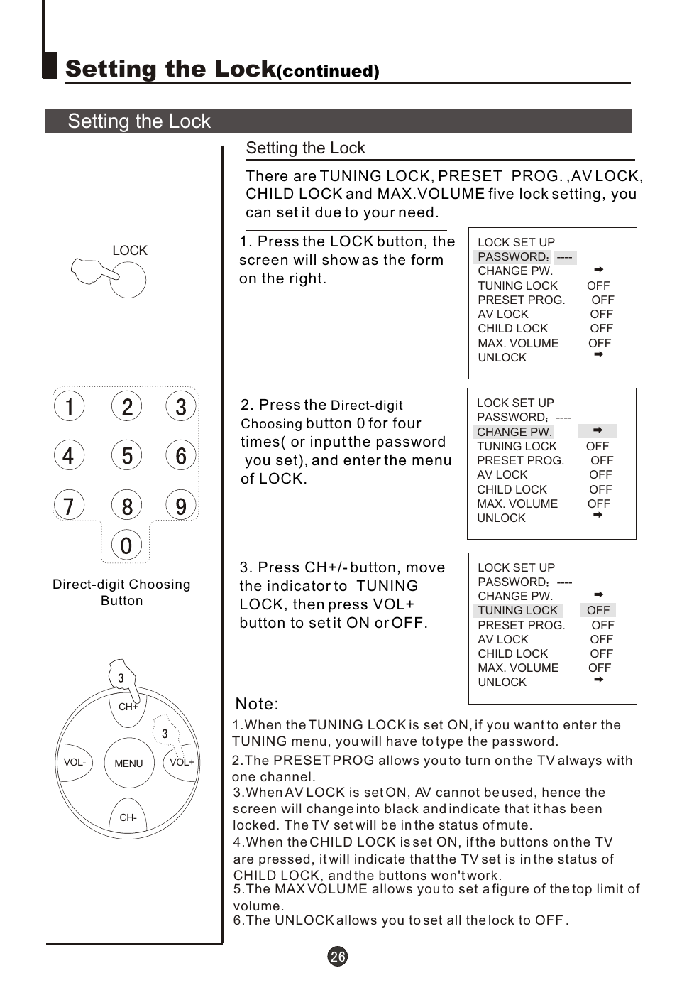 Т³гж 27, Setting the lock, Continued) | haier 29FA10-AM User Manual | Page 27 / 32