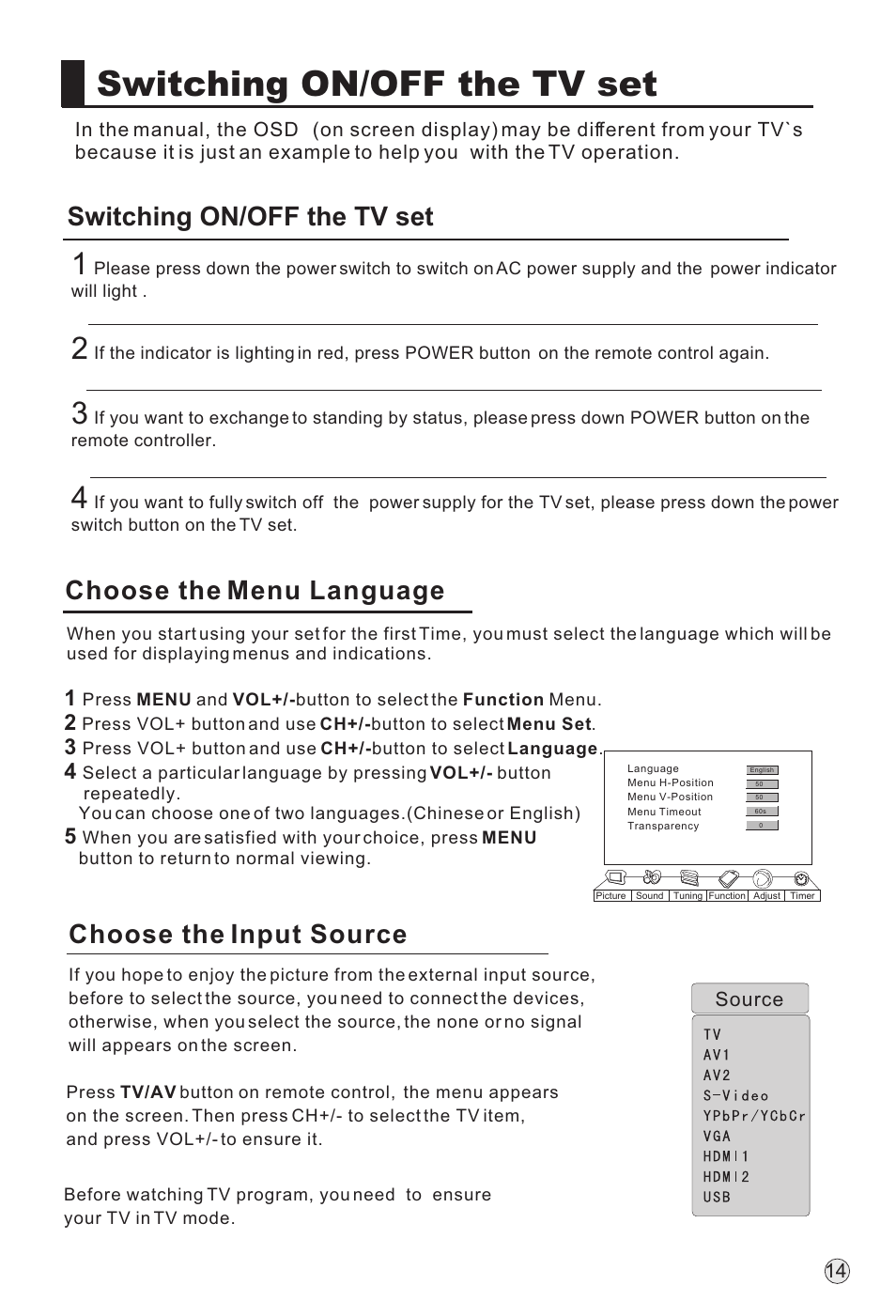 Switching on/off the tv set, Choose the menu language choose the input source | haier P60A11-AK User Manual | Page 16 / 50