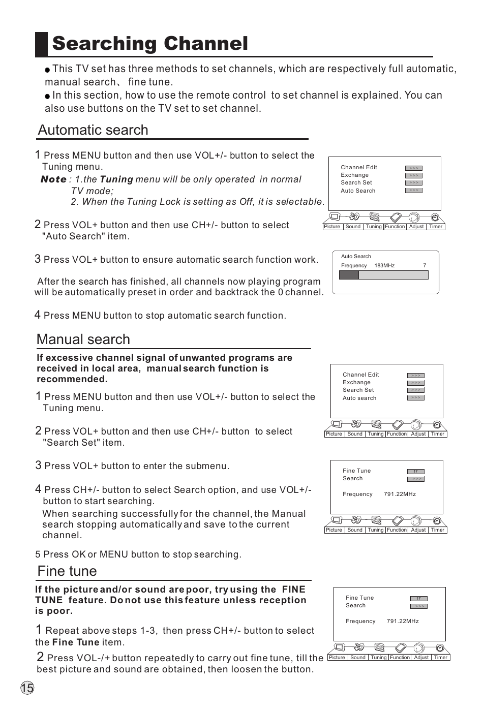 Searching channel, Automatic search, Manual search | Fine tune | haier P60A11-AK User Manual | Page 17 / 50