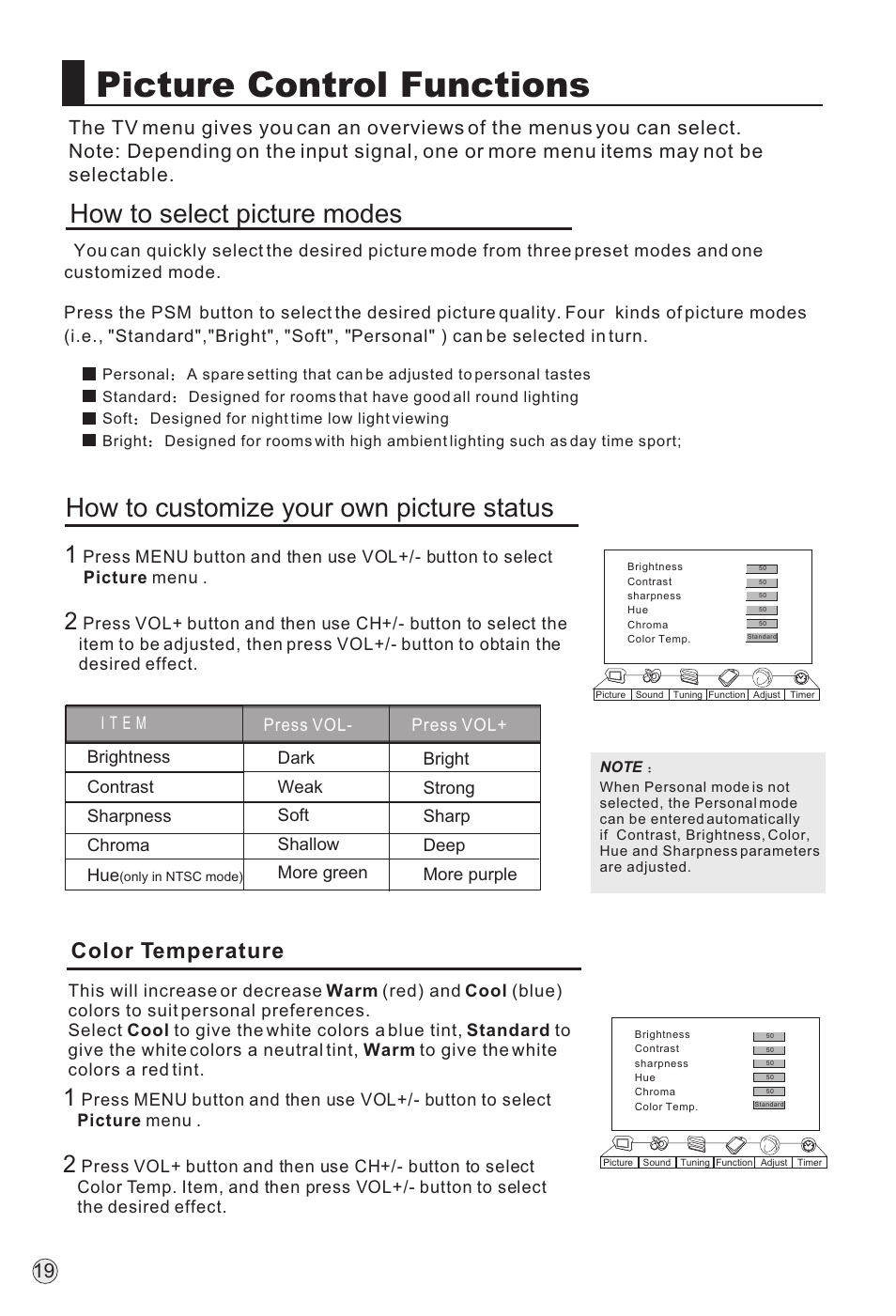 Picture control functions, Color temperature | haier P60A11-AK User Manual | Page 21 / 50