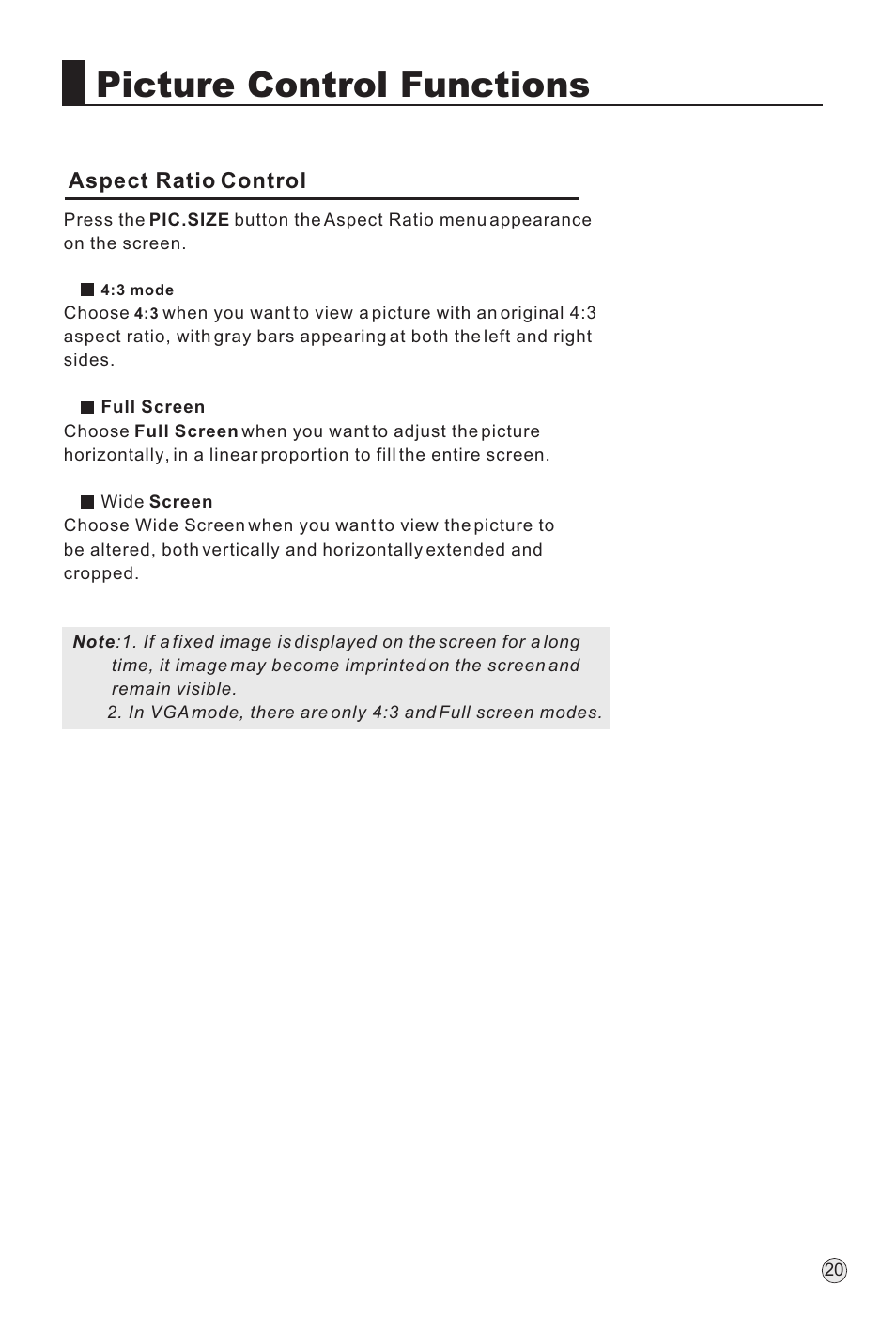 Picture control functions, Aspect ratio control | haier P60A11-AK User Manual | Page 22 / 50