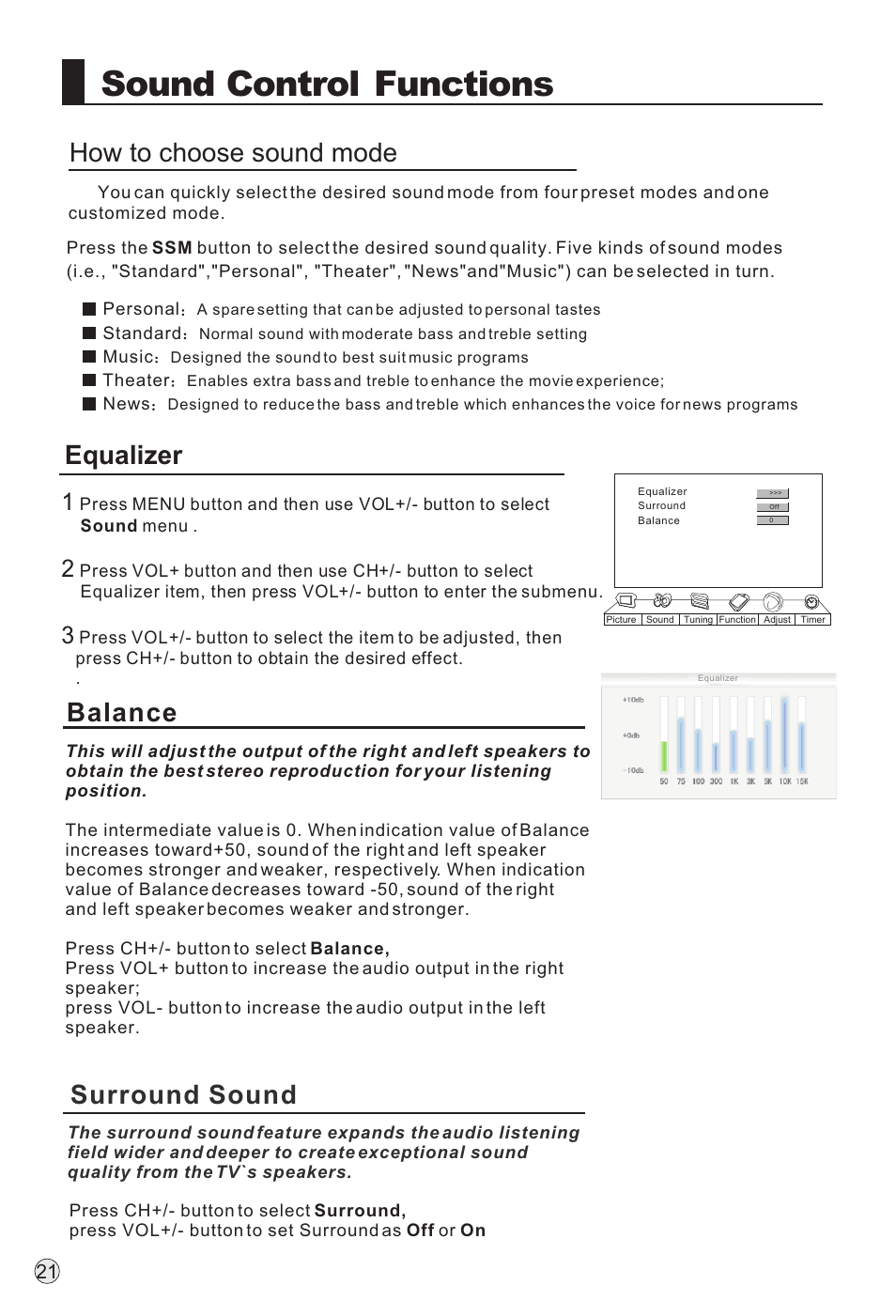 Sound control functions, How to choose sound mode equalizer, Surround sound balance | haier P60A11-AK User Manual | Page 23 / 50