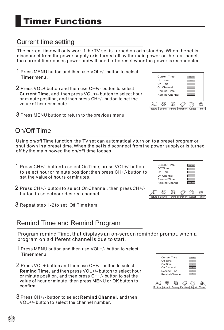 Timer functions, On/off time current time setting, Remind time and remind program | haier P60A11-AK User Manual | Page 25 / 50
