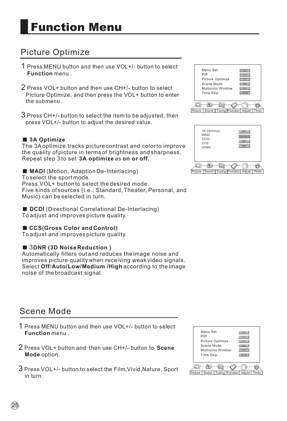 Function menu, Picture optimize, Scene mode | haier P60A11-AK User Manual | Page 27 / 50