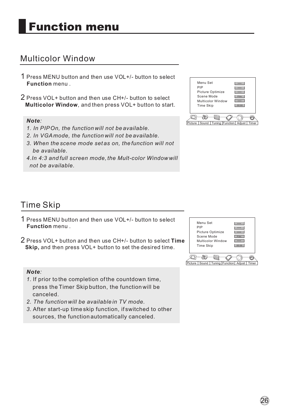 Function menu, Multicolor window, Time skip | haier P60A11-AK User Manual | Page 28 / 50