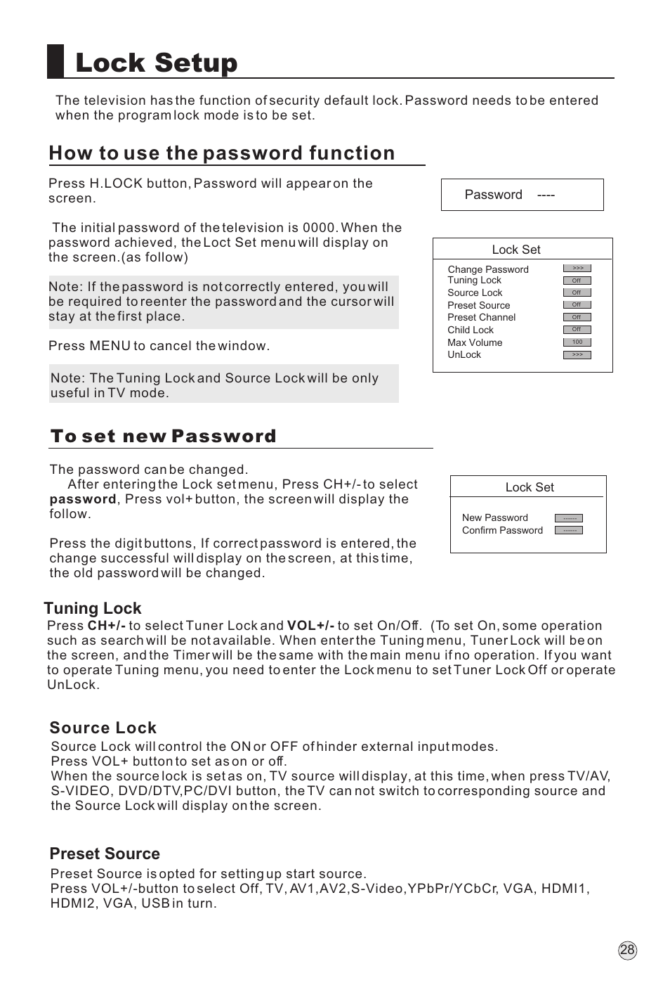 Lock setup, How to use the password function, Source lock preset source tuning lock | haier P60A11-AK User Manual | Page 30 / 50