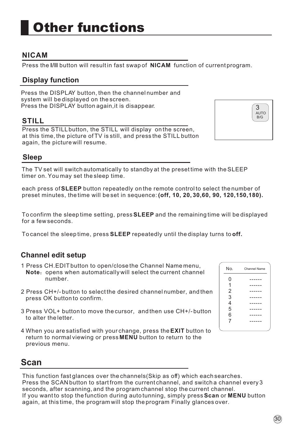 Other functions, Scan, Display function | Nicam, Sleep, Still channel edit setup | haier P60A11-AK User Manual | Page 32 / 50