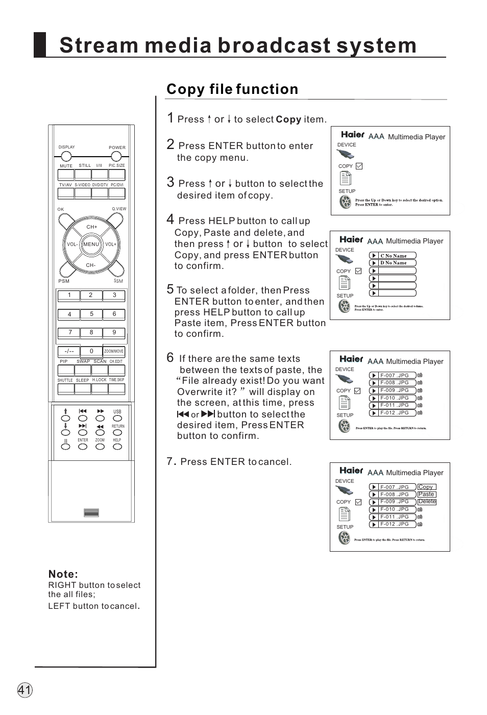 Stream media broadcast system, Copy file function, Press | Press enter button to enter the copy menu, Button to select the desired item of copy, Press enter to cancel | haier P60A11-AK User Manual | Page 43 / 50