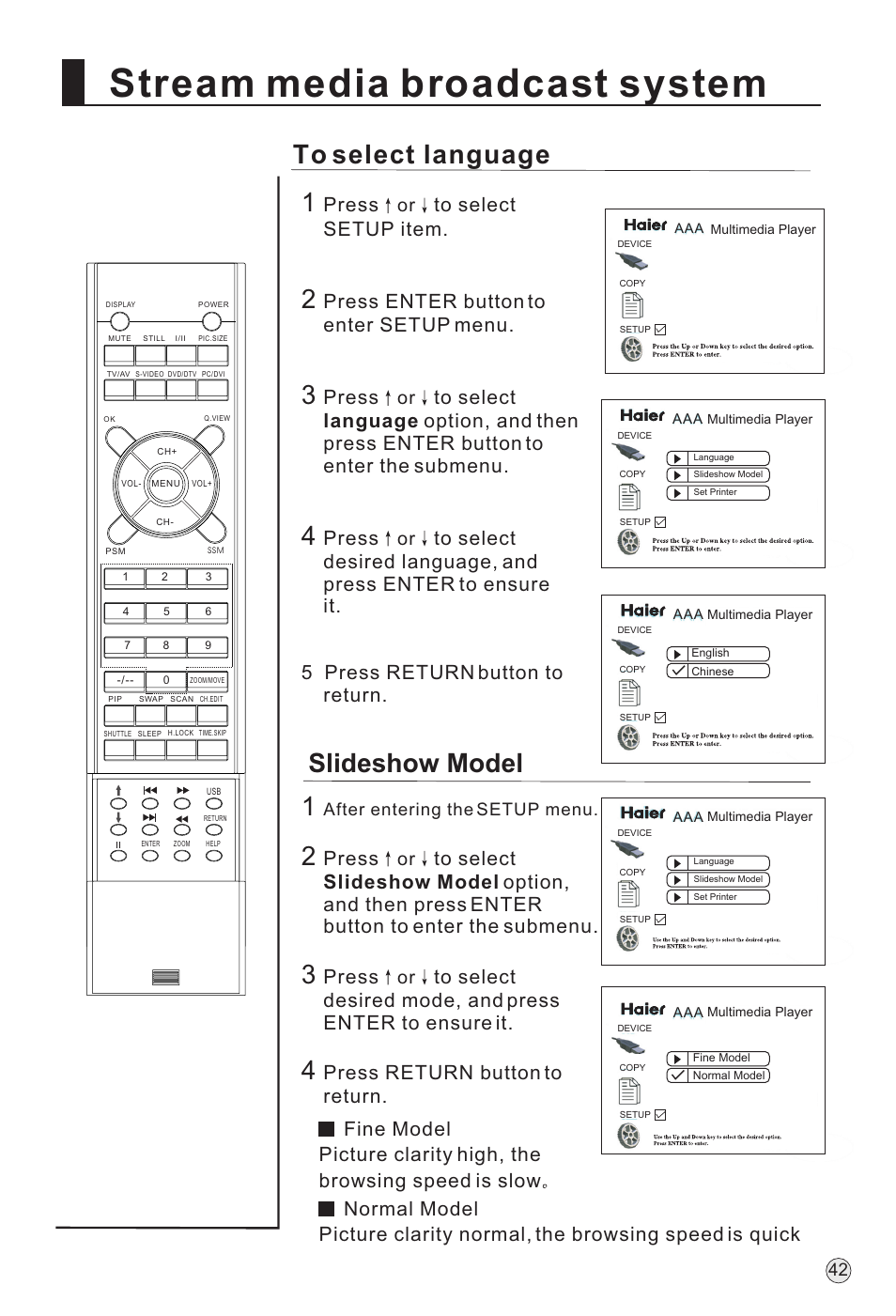 Stream media broadcast system, Slideshow model, Press | Press enter button to enter setup menu | haier P60A11-AK User Manual | Page 44 / 50
