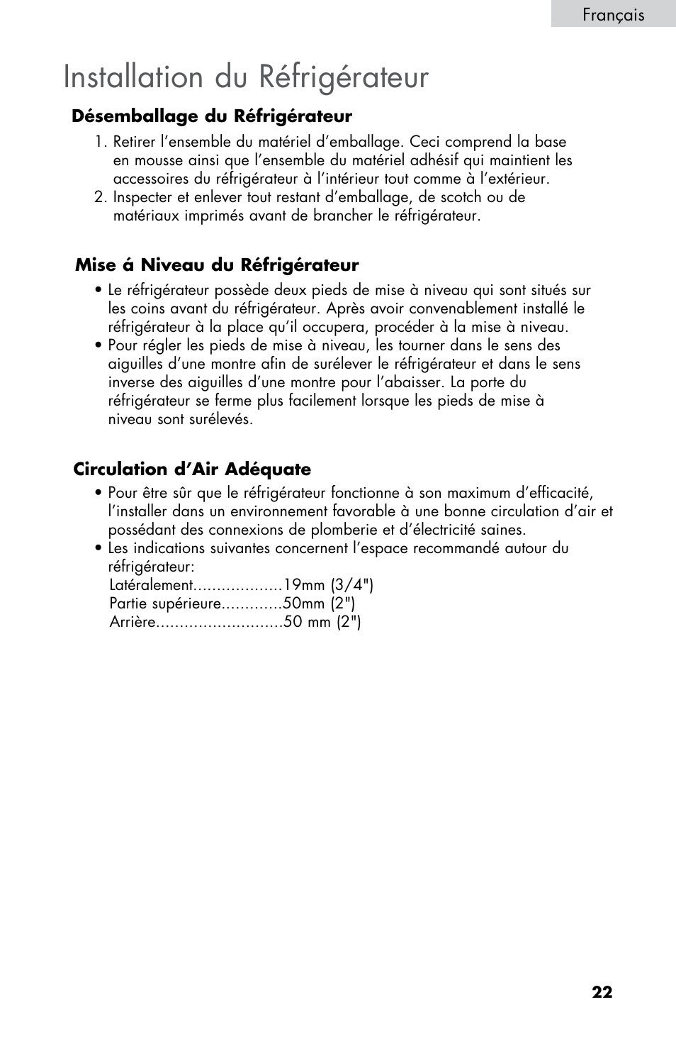 Installation du réfrigérateur | haier HNSE04 User Manual | Page 23 / 52