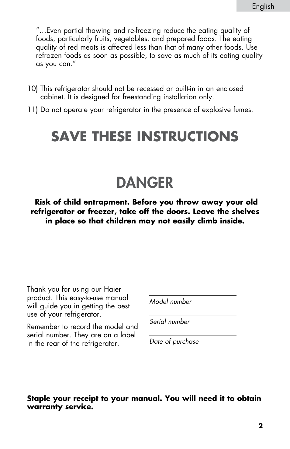 Danger, Save these instructions | haier HNSE04 User Manual | Page 3 / 52