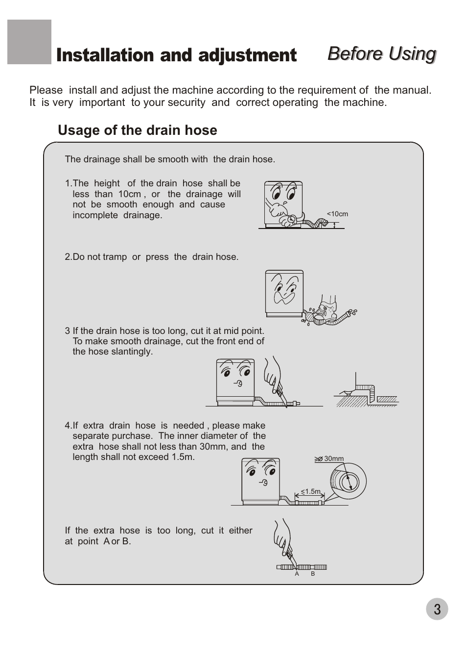Before using, Before using installation and adjustment, Usage of the drain hose | haier 650 User Manual | Page 5 / 20