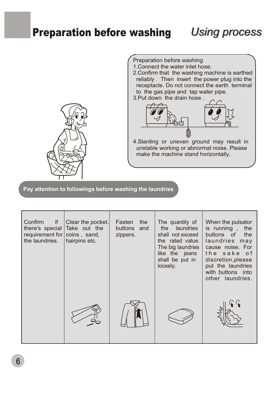 Using process, Using process preparation before washing | haier 650 User Manual | Page 8 / 20